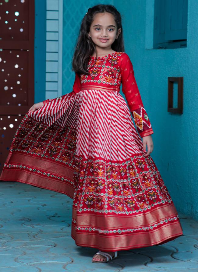 Red Pashmina Silk Party Wear Printed Kids Gown